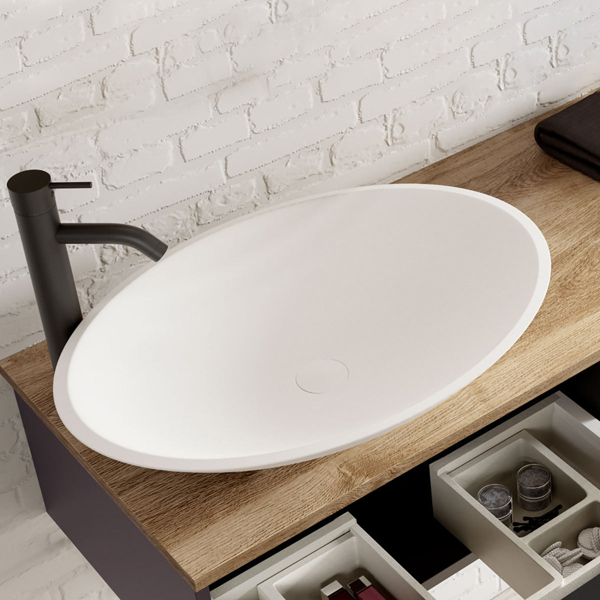 Fristående Tvättställ Solid Surface Tenfors Oval 57x41 cm Vit Matt